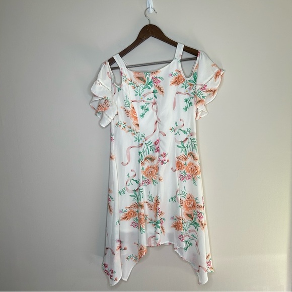 Beauty and the Beast Floral Dress Cold Shoulder Asymmetrical Hem Medium - Picture 6 of 10